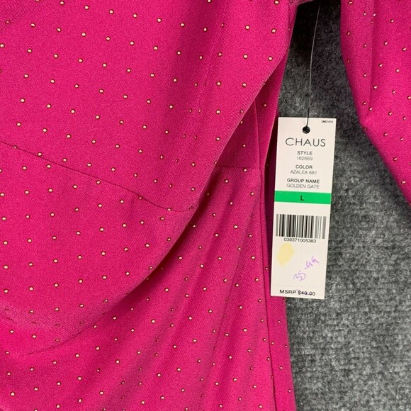 Chaus Drape Front Top NWT Women L Pink 3/4 Sleeve Tiny Gold Dots - Picture 7 of 11